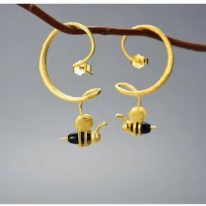 18K Gold Plated Dangle Earrings | Black Agate Stone Hang Bumble Bee Earrings
